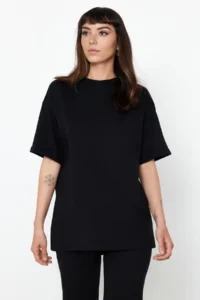 TRENDYOLMİLLA Black 100% Cotton Oversized Pattern flared leg Knitting T-Shirt/Pants Top and Bottom Set - Image 2