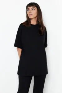 TRENDYOLMİLLA Black 100% Cotton Oversized Pattern flared leg Knitting T-Shirt/Pants Top and Bottom Set - Image 3