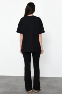 TRENDYOLMİLLA Black 100% Cotton Oversized Pattern flared leg Knitting T-Shirt/Pants Top and Bottom Set - Image 6