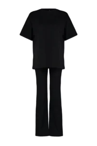 TRENDYOLMİLLA Black 100% Cotton Oversized Pattern flared leg Knitting T-Shirt/Pants Top and Bottom Set - Image 7