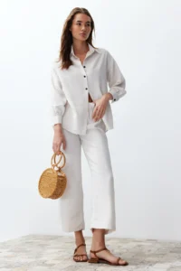 TRENDYOLMİLLA Ecru linen look Weaving Shirt-Pants Set