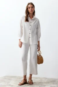 TRENDYOLMİLLA Ecru linen look Weaving Shirt-Pants Set - Image 2