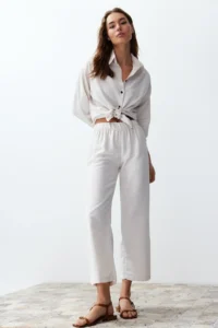 TRENDYOLMİLLA Ecru linen look Weaving Shirt-Pants Set - Image 3
