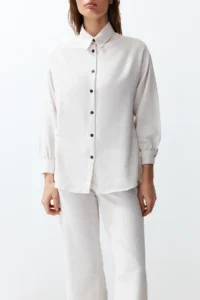 TRENDYOLMİLLA Ecru linen look Weaving Shirt-Pants Set - Image 4