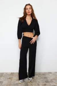 TRENDYOLMİLLA Black Summer Thin Binding Detailed Knitwear Top and Bottom Set