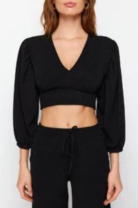 TRENDYOLMİLLA Black Summer Thin Binding Detailed Knitwear Top and Bottom Set - Image 3