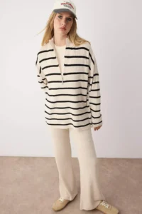 TRENDYOLMİLLA Ecru*001 Wide Pattern Zippered Striped Basic Knitwear Top and Bottom Set