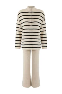TRENDYOLMİLLA Ecru*001 Wide Pattern Zippered Striped Basic Knitwear Top and Bottom Set - Image 5