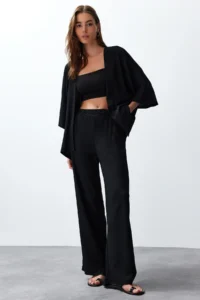 TRENDYOLMİLLA Black relaxed/Rahat Kesim Knitting Kimona Pants Top and Bottom Set