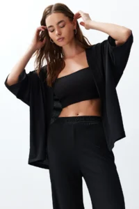 TRENDYOLMİLLA Black relaxed/Rahat Kesim Knitting Kimona Pants Top and Bottom Set - Image 2