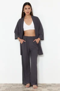 TRENDYOLMİLLA Smoke Gray relaxed/Rahat Kesim Knitting Kimona Pants Top and Bottom Set