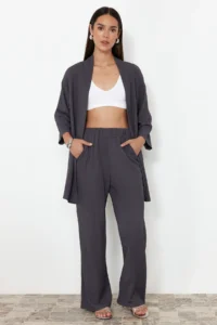 TRENDYOLMİLLA Smoke Gray relaxed/Rahat Kesim Knitting Kimona Pants Top and Bottom Set - Image 2