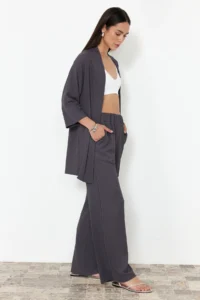 TRENDYOLMİLLA Smoke Gray relaxed/Rahat Kesim Knitting Kimona Pants Top and Bottom Set - Image 3