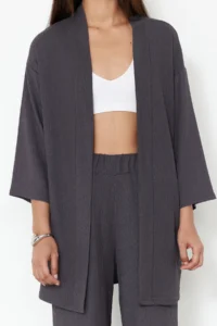 TRENDYOLMİLLA Smoke Gray relaxed/Rahat Kesim Knitting Kimona Pants Top and Bottom Set - Image 5