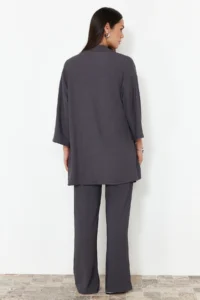 TRENDYOLMİLLA Smoke Gray relaxed/Rahat Kesim Knitting Kimona Pants Top and Bottom Set - Image 6