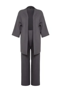 TRENDYOLMİLLA Smoke Gray relaxed/Rahat Kesim Knitting Kimona Pants Top and Bottom Set - Image 7