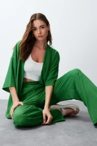 TRENDYOLMİLLA Green relaxed/Rahat Kesim Knitting Kimona Pants Top and Bottom Set