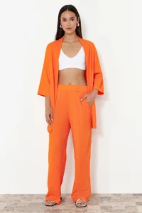 TRENDYOLMİLLA Orange relaxed/Rahat Kesim Knitting Kimona Pants Top and Bottom Set