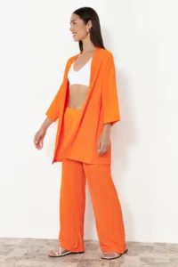TRENDYOLMİLLA Orange relaxed/Rahat Kesim Knitting Kimona Pants Top and Bottom Set - Image 2