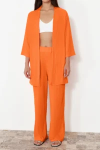TRENDYOLMİLLA Orange relaxed/Rahat Kesim Knitting Kimona Pants Top and Bottom Set - Image 3