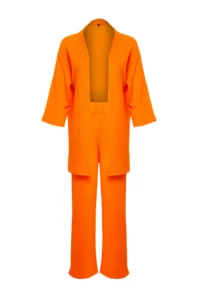 TRENDYOLMİLLA Orange relaxed/Rahat Kesim Knitting Kimona Pants Top and Bottom Set - Image 7