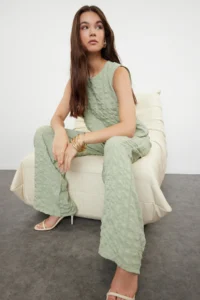 TRENDYOLMİLLA Mint Crepe Weaving Blouse-Pants Set