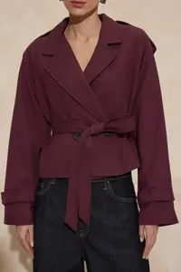 TRENDYOLMİLLA Burgundy Premium Weaving Crop Blazer Jacket - Image 3