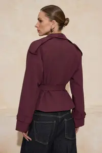 TRENDYOLMİLLA Burgundy Premium Weaving Crop Blazer Jacket - Image 4