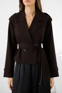 TRENDYOLMİLLA Dark Brown Premium Weaving Crop Blazer Jacket - Image 3