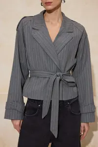 TRENDYOLMİLLA Gray Striped Premium Weaving Crop Blazer Jacket - Image 3