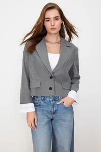 TRENDYOLMİLLA Anthracite Sleeve Cuff Detailed Weaving Blazer Jacket - Image 3