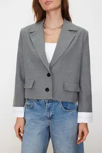 TRENDYOLMİLLA Anthracite Sleeve Cuff Detailed Weaving Blazer Jacket - Image 4