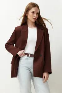 TRENDYOLMİLLA Brown Oversized Plain Kesim Basic Double breasted Weaving Blazer Jacket