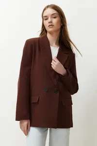 TRENDYOLMİLLA Brown Oversized Plain Kesim Basic Double breasted Weaving Blazer Jacket - Image 2