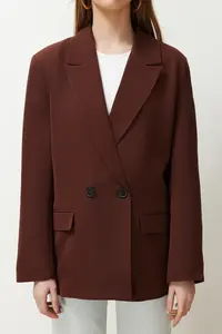 TRENDYOLMİLLA Brown Oversized Plain Kesim Basic Double breasted Weaving Blazer Jacket - Image 4