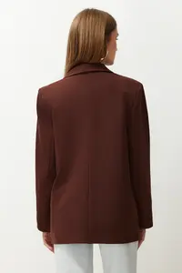 TRENDYOLMİLLA Brown Oversized Plain Kesim Basic Double breasted Weaving Blazer Jacket - Image 6