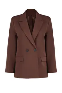 TRENDYOLMİLLA Brown Oversized Plain Kesim Basic Double breasted Weaving Blazer Jacket - Image 7