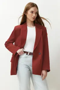 TRENDYOLMİLLA Burgundy Brick Red Oversized Plain Kesim Basic Double breasted Weaving Blazer Jacket