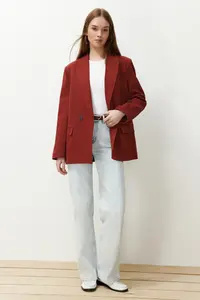 TRENDYOLMİLLA Burgundy Brick Red Oversized Plain Kesim Basic Double breasted Weaving Blazer Jacket - Image 2