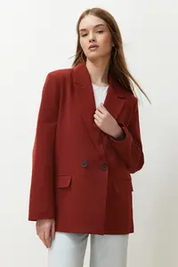TRENDYOLMİLLA Burgundy Brick Red Oversized Plain Kesim Basic Double breasted Weaving Blazer Jacket - Image 3