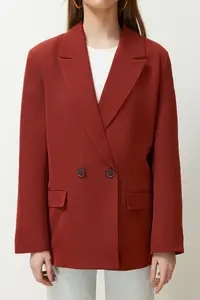TRENDYOLMİLLA Burgundy Brick Red Oversized Plain Kesim Basic Double breasted Weaving Blazer Jacket - Image 4