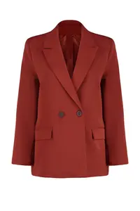 TRENDYOLMİLLA Burgundy Brick Red Oversized Plain Kesim Basic Double breasted Weaving Blazer Jacket - Image 7