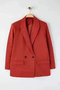TRENDYOLMİLLA Burgundy Brick Red Oversized Plain Kesim Basic Double breasted Weaving Blazer Jacket - Image 9