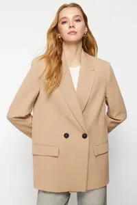 TRENDYOLMİLLA Camel Oversized Plain Kesim Basic Double breasted Weaving Blazer Jacket - Image 2