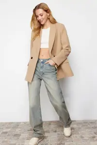 TRENDYOLMİLLA Camel Oversized Plain Kesim Basic Double breasted Weaving Blazer Jacket - Image 3