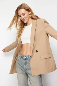 TRENDYOLMİLLA Camel Oversized Plain Kesim Basic Double breasted Weaving Blazer Jacket - Image 4