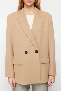 TRENDYOLMİLLA Camel Oversized Plain Kesim Basic Double breasted Weaving Blazer Jacket - Image 5