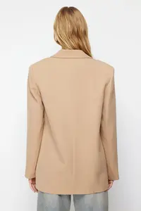TRENDYOLMİLLA Camel Oversized Plain Kesim Basic Double breasted Weaving Blazer Jacket - Image 7