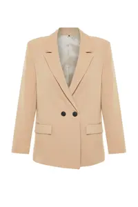 TRENDYOLMİLLA Camel Oversized Plain Kesim Basic Double breasted Weaving Blazer Jacket - Image 9