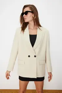TRENDYOLMİLLA Stone Oversized Plain Kesim Basic Double breasted Weaving Blazer Jacket - Image 3